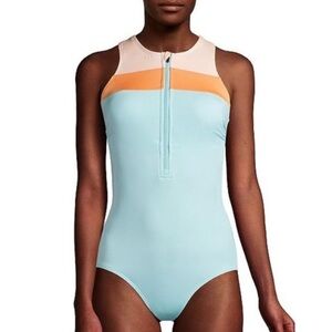 Lands' Womens 1/2 Zip Front  One Piece Swimsuit Size 14 MAST Mastectomy Blue